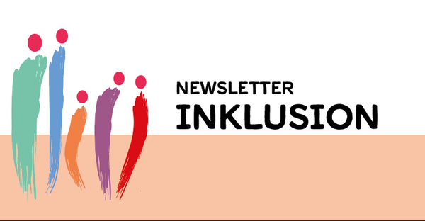 Quelle: Erzdiözese Freiburg, Claudia Hirth Der Banner umfasst horizontal einen dicken Balken in beiger Farbe. Links im Vordergrund des Balkens sind fünf Menschen skizziert. Diese sind als unterschiedlich bunte Striche mit roten Köpfen ohne Gesichter oder sonstige Körperteile dargestellt. Sie sind unterschiedlich groß und ragen über den Balken hinaus. Rechts davon über dem horizontalen Balken steht in schwarzer Schrift Newsletter Inklusion.